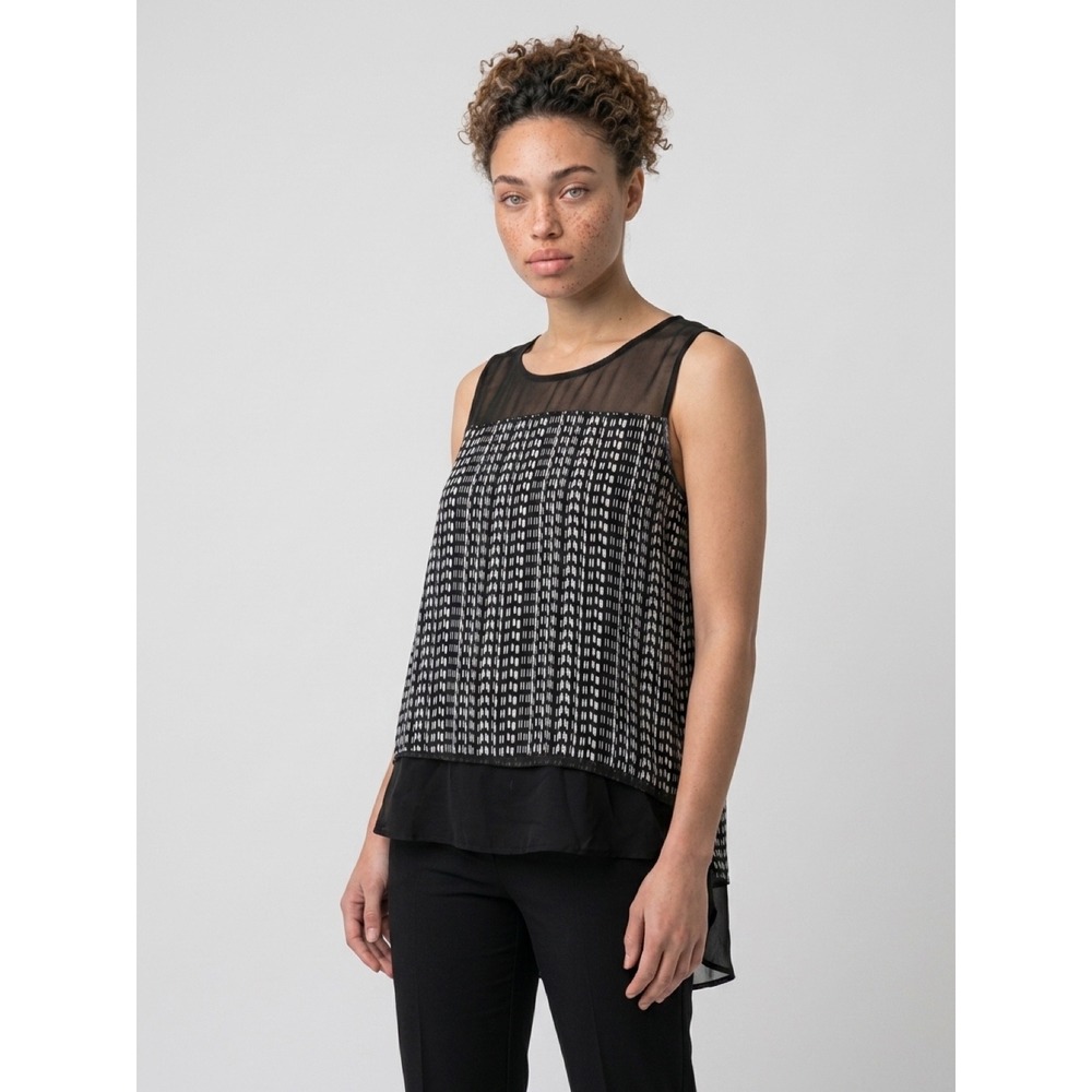 Women's Vince Camuto Black White Abstract Mesh Yoke & Hem Sleeveless Top XL EUC